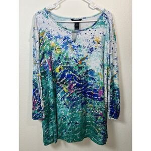 Ali Miles 3X Abstract Print Tunic Top 3/4 Mesh Peekaboo Sleeves Wearable Artsy